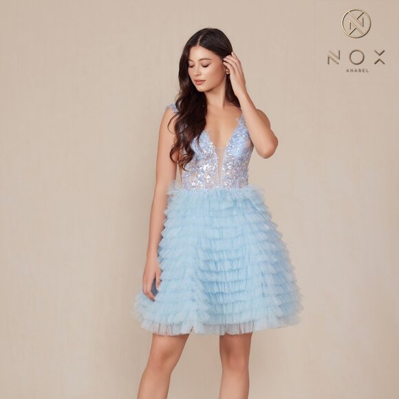 NEW FORMAL SLEEVELESS RUFFLED MINI DRESS W/ ILLUSION PLUNGING NECKLINE NX R883